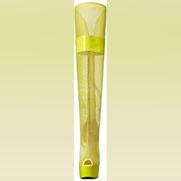 Ellie Neon Yellow Mesh Peep Toe Thigh-High Platform Boots Size 6 NIB - Picture 2 of 5